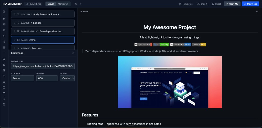 README Builder — Visual Drag-and-Drop Editor for GitHub READMEs